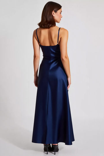 Satin Navy A Line Spaghetti Straps Formal Dress